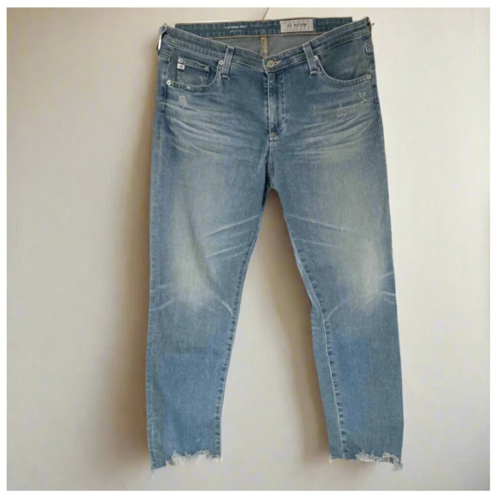 AG Prima Mid Rise Cigarette Crop Jean Womens 31 Blue Distressed Raw Hem Stretch